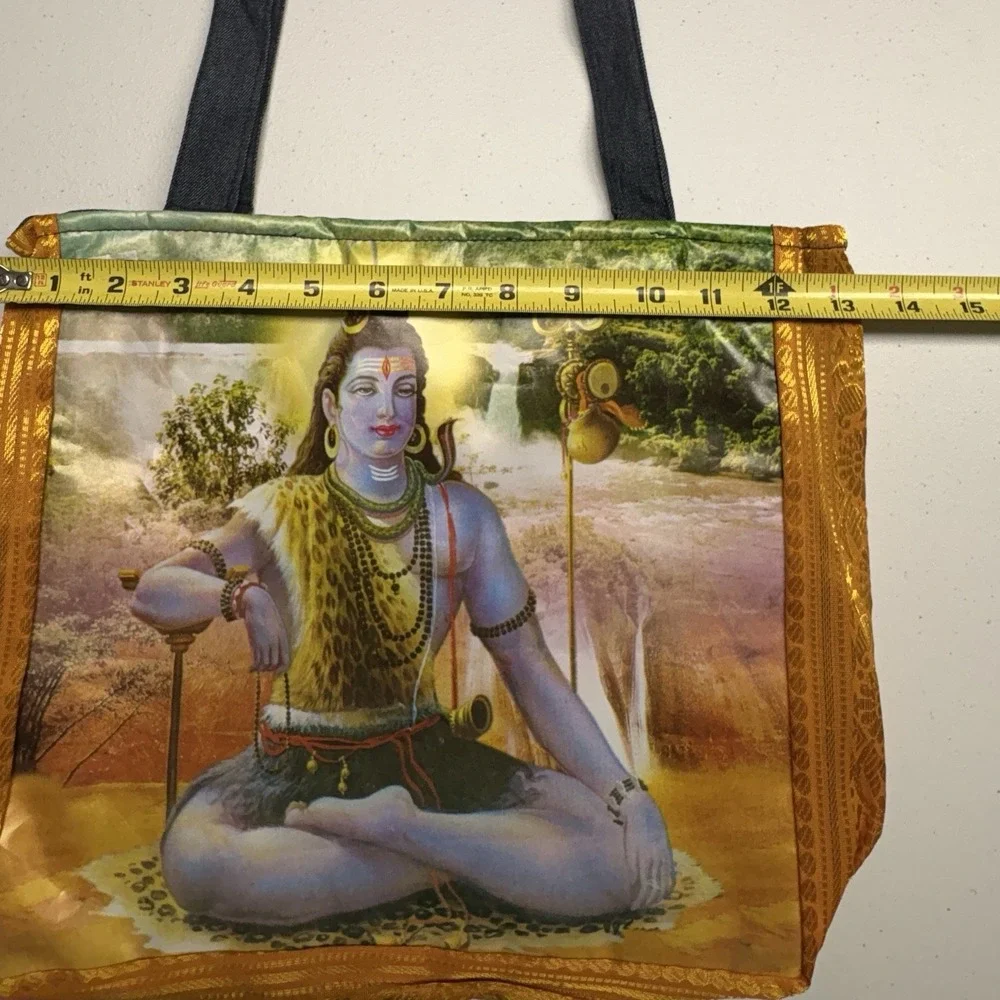 Multicolor Graphic Print Tote Bag Zip Closure Double Handles Blue Straps